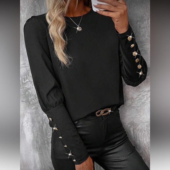 Elegant Black Button-Detail Women's Top - Picture 1 of 6